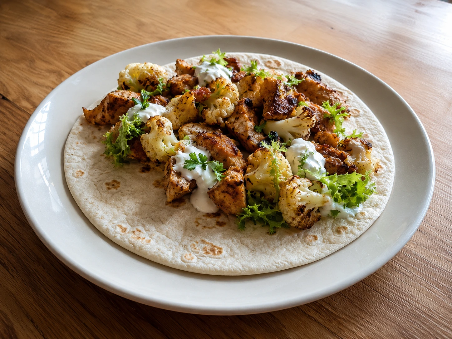 Tortilla csirkecomb fokhagymásan karfiollal tálalva