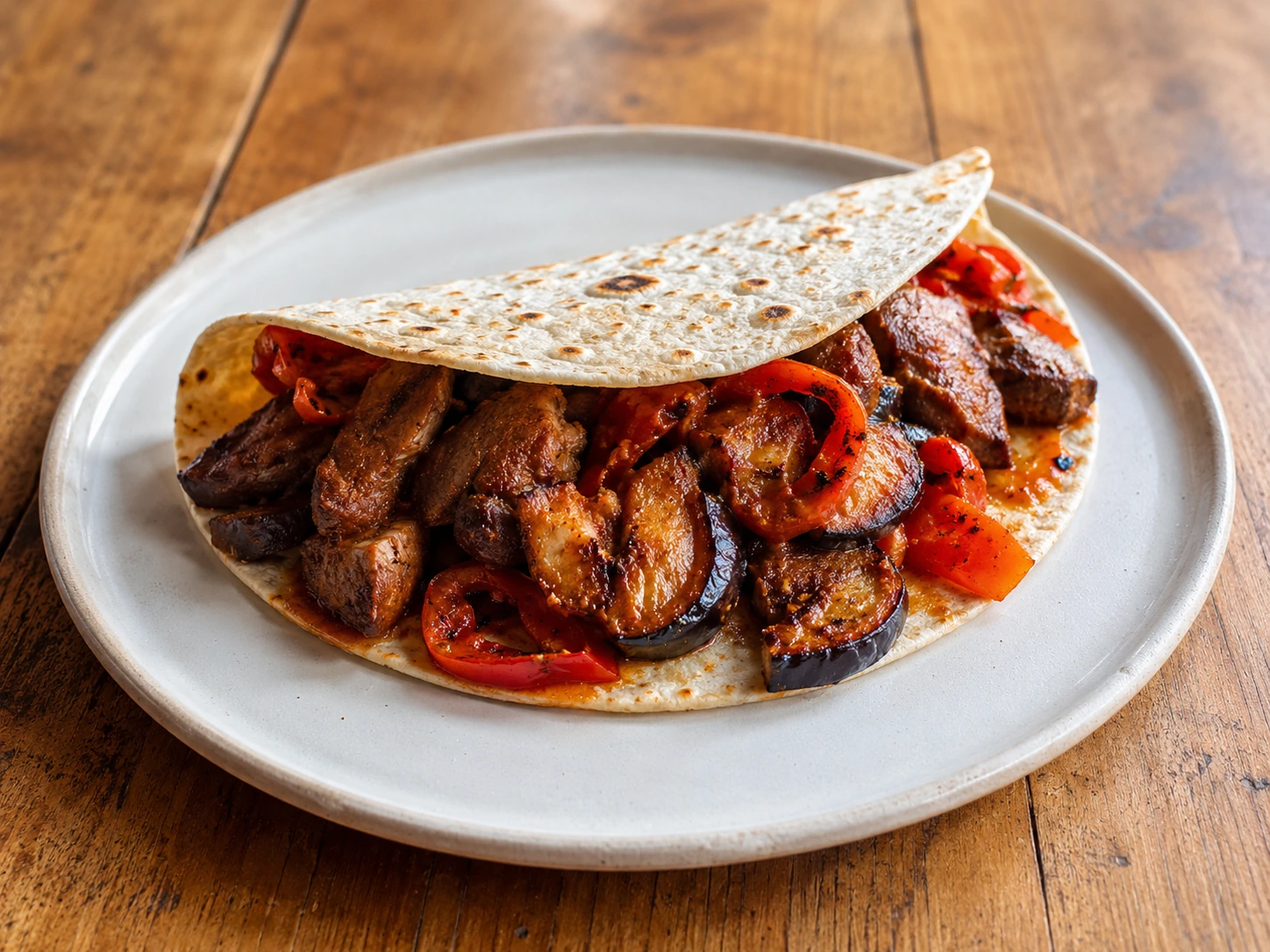 Tortilla csirkemáj paprikásan padlizsánnal tálalva