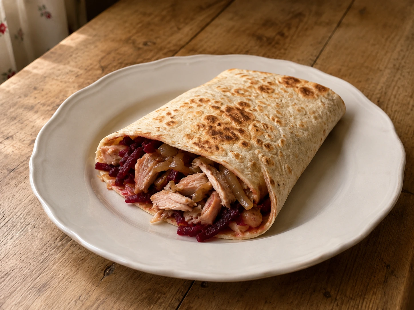 Tortilla pulykacomb hagymásan céklával tálalva